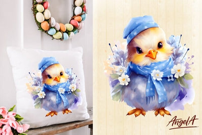 Easter funny chick clipart / baby chicken with flowers PNG Sublimation Angelina Semenova 
