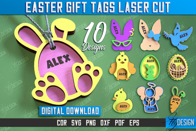 Easter Gift Tags Laser Cut Bundle, Easter Name Bunny Tags, Happy Easter Gift Tags SVG Fly Design 
