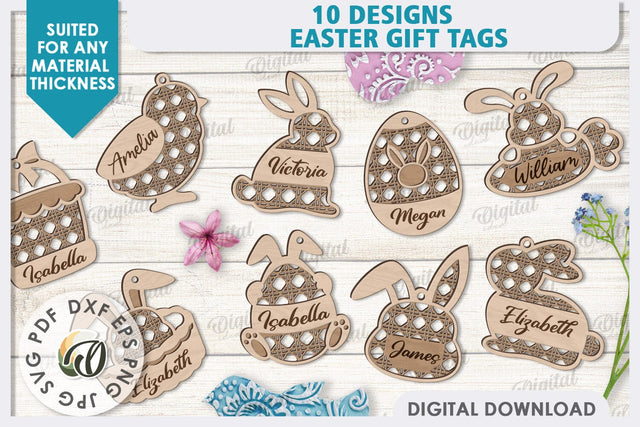 Easter Gift Tags Laser Cut Bundle. Personalized Basket Tags SVG Evgenyia Guschina 