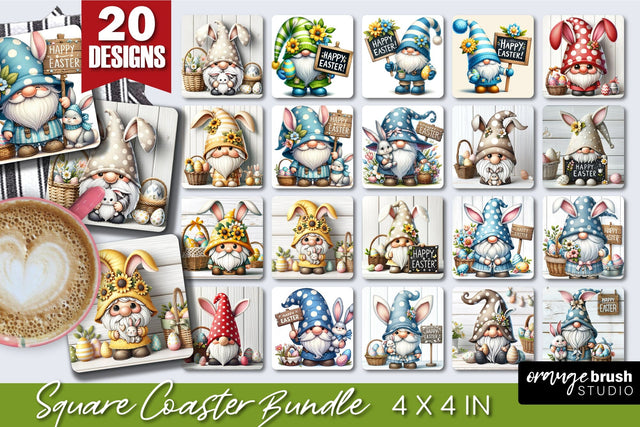 Easter Gnome Coaster Bundle - Square Coaster Sublimation PNG Sublimation OrangeBrushStudio 