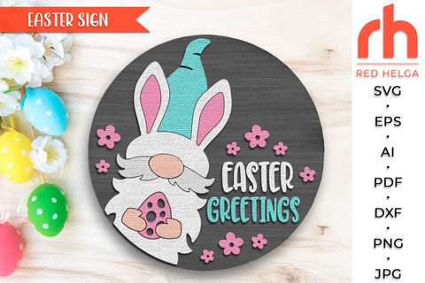 Easter Greetings SVG, Layered Door Sign Cut File, Gnome Egg SVG RedHelgaArt 