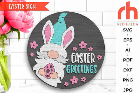 Easter Greetings SVG, Layered Door Sign Cut File, Gnome Egg SVG RedHelgaArt 