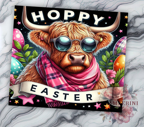 Easter Highland Cow Tumbler Wrap, Seamless Easter Eggs 20oz Skinny Tumbler Sublimation Design, Hoppy Easter Straight & Tapered Tumbler PNG Sublimation Li Zamperini 
