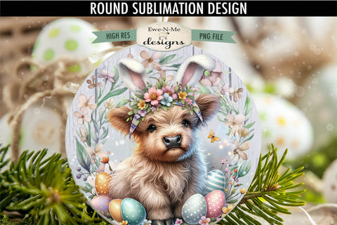 Easter Highland Cow with Bunny Ears Sublimation Design | Round PNG Sublimation Ewe-N-Me Designs 