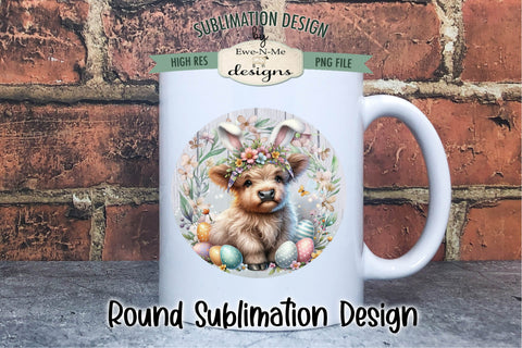 Easter Highland Cow with Bunny Ears Sublimation Design | Round PNG Sublimation Ewe-N-Me Designs 