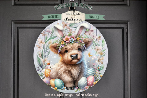 Easter Highland Cow with Bunny Ears Sublimation Design | Round PNG Sublimation Ewe-N-Me Designs 