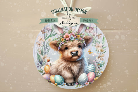Easter Highland Cow with Bunny Ears Sublimation Design | Round PNG Sublimation Ewe-N-Me Designs 