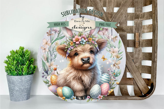Easter Highland Cow with Bunny Ears Sublimation Design | Round PNG Sublimation Ewe-N-Me Designs 