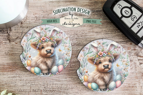 Easter Highland Cow with Bunny Ears Sublimation Design | Round PNG Sublimation Ewe-N-Me Designs 