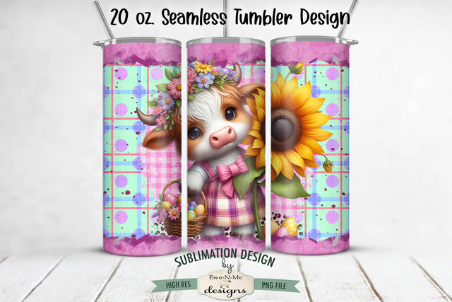 Easter Highland Cow with Sunflower 20 oz Seamless Tumbler Wrap Design Sublimation Ewe-N-Me Designs 