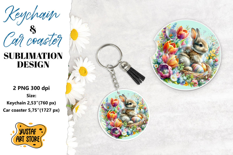 Easter Keychain & Car coaster sublimation. Cute Easter bunny Sublimation Yustaf Art Store 
