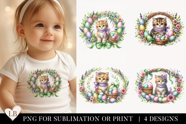 Easter Kitten Sublimation Designs, Watercolor Spring Wreaths Sublimation BijouBay 