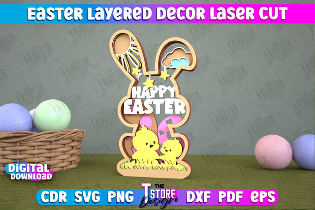 Easter Layered Décor | 3D Easter Table Decoration | Holiday | Floral Bunny Multilayer | CNC File SVG The T Store Design 