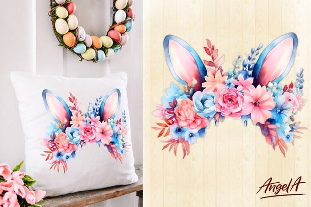 Easter pillow sublimation design / pink bunny ears flowers Sublimation Angelina Semenova 