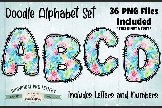 Easter Plaid Floral Doodle Alphabet & Numbers | 36 PNG Files Sublimation Ewe-N-Me Designs 