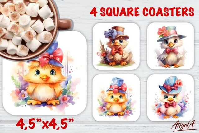 Easter square coaster sublimation / cute baby chick cartoon Sublimation Angelina Semenova 