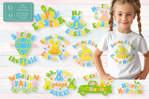 Easter Sublimation Quote Bundle My First Easter PNG Retro Easter t-shirt Groovy Easter Hunting Bunny PNG Sublimation Createya Design 
