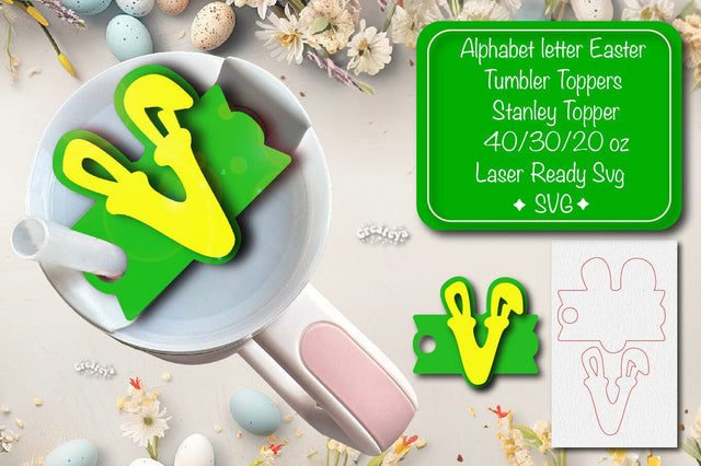 Easter tumbler topper svg Alphabet Letter laser cut Easter Glowforge Laser ready Easter Name plate Letter V SVG Createya Design 