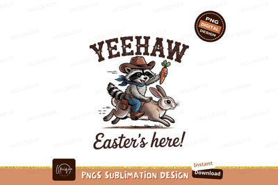 Easter Yeehaw Raccoon Cowboy Riding Rabbit Illustration Sublimation Designangry 