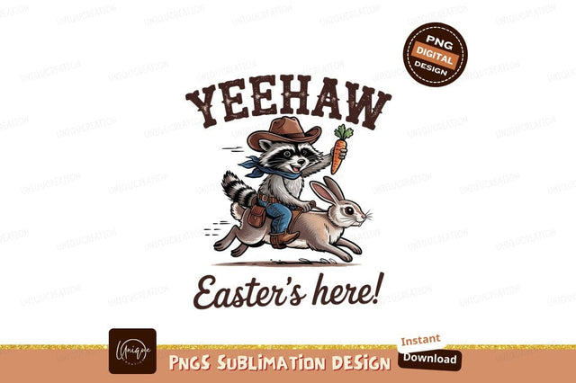 Easter Yeehaw Raccoon Cowboy Riding Rabbit Illustration Sublimation Designangry 
