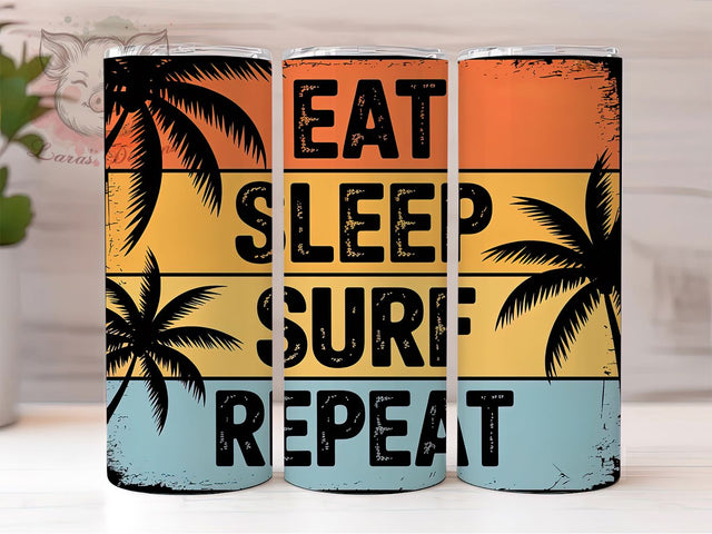 Eat Sleep Surf Repeat 20oz Tumbler, Eat Sleep Surf Repeat, Retro Tropical Sunset, Burnt Orange Stripes Illustration, Sublimation Tumbler Wrap, 20oz Tumbler, Fun Summer Gift Sublimation Lara' s Designs 