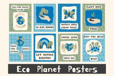 Eco Planet Motivational Poster Set, Earth Day Digital Pattern Rin Green 