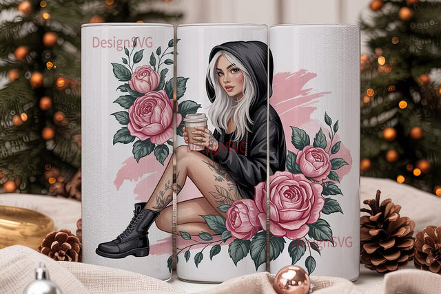 Edgy Floral Girl 20oz Tumbler Wrap Sublimation DesignSVG 