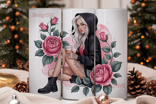 Edgy Floral Girl 20oz Tumbler Wrap Sublimation DesignSVG 