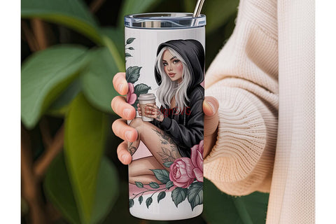 Edgy Floral Girl 20oz Tumbler Wrap Sublimation DesignSVG 
