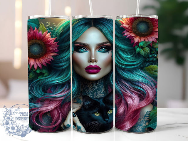 Edgy Floral Tattoo Black Cat Tumbler, Black Cat Tattoo Wrap, 20oz Tumbler Sublimation, Floral Tattoo Woman Design, Edgy Feminine Art, Witchy Woman Tumbler, Gothic Cat and Flowers Wrap Sublimation ToriDesigns 