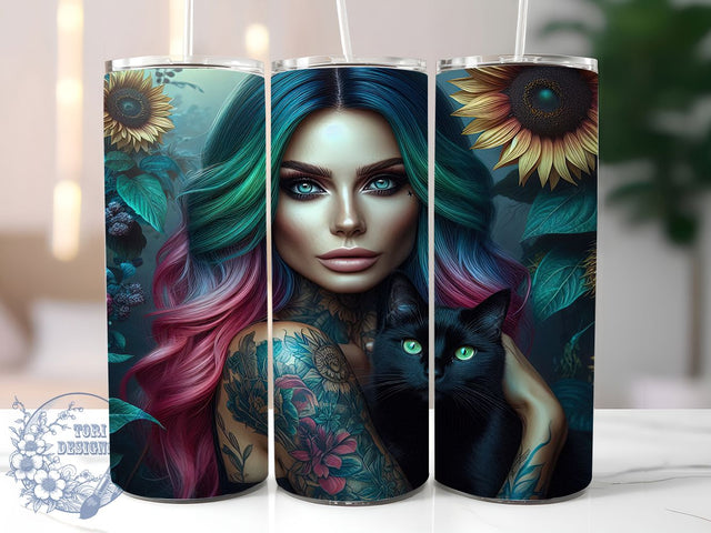 Edgy Floral Tattoo Black Cat Tumbler, Black Cat Tattoo Wrap, 20oz Tumbler Sublimation, Floral Tattoo Woman Design, Edgy Feminine Art, Witchy Woman Tumbler, Gothic Cat and Flowers Wrap Sublimation ToriDesigns 