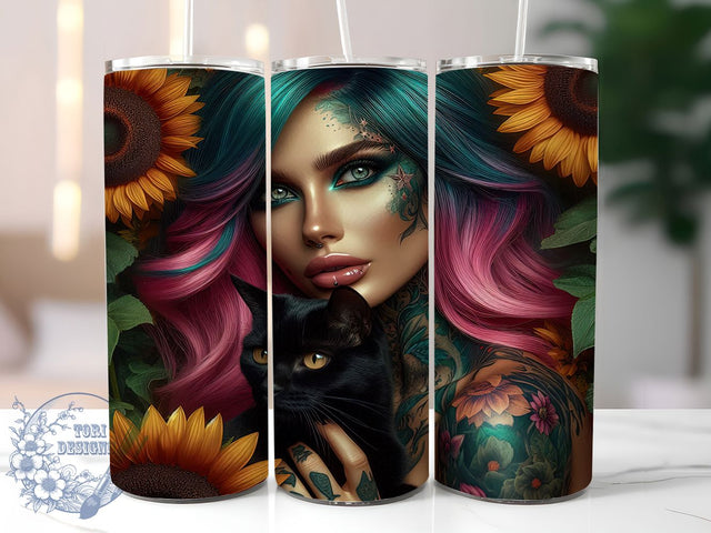 Edgy Floral Tattoo Black Cat Tumbler, Black Cat Tattoo Wrap, 20oz Tumbler Sublimation, Floral Tattoo Woman Design, Edgy Feminine Art, Witchy Woman Tumbler, Gothic Cat and Flowers Wrap Sublimation ToriDesigns 