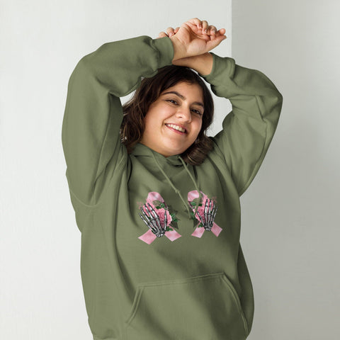 Edgy Pink Ribbon Skeleton Hands Hoodie Physical Crafting After Dark Military Green S 