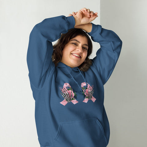Edgy Pink Ribbon Skeleton Hands Hoodie Physical Crafting After Dark Indigo Blue S 