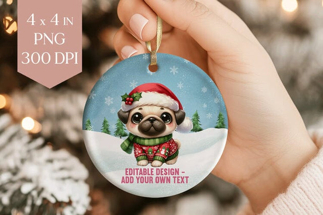 Editable Christmas Pug Ornament PNG – Cute Holiday Dog Design for Sublimation Sublimation BijouBay 