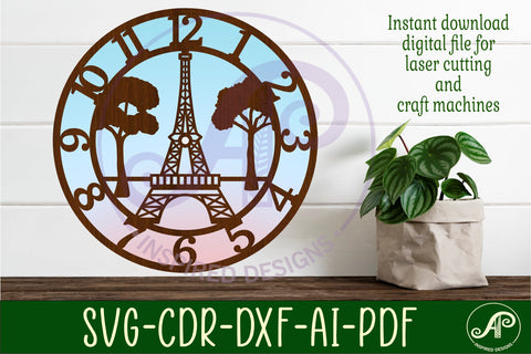 Eiffel tower, Paris clock wall clock laser cut files, SVG SVG APInspireddesigns 