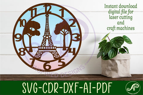 Eiffel tower, Paris clock wall clock laser cut files, SVG SVG APInspireddesigns 