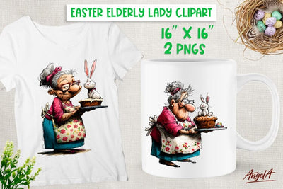 Elderly lady Easter clipart Grandma with pie and bunny PNG Sublimation Angelina Semenova 