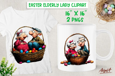 Elderly lady with man in Easter basket with eggs clipart PNG Sublimation Angelina Semenova 