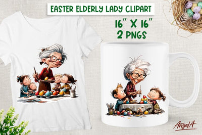 Elderly Old lady clipart Easter PNG Grandma grandchildren Sublimation Angelina Semenova 