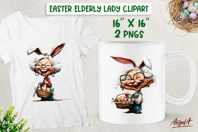 Elderly Old lady clipart Easter PNG Grandma with bunny ears Sublimation Angelina Semenova 