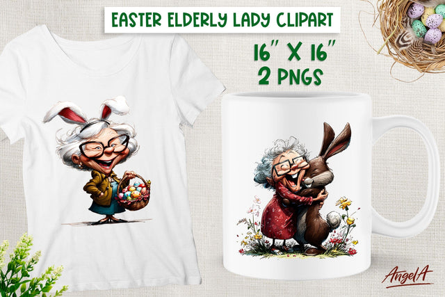 Elderly Old lady clipart Grandma, easter eggs, bunny PNG Sublimation Angelina Semenova 