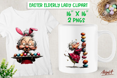 Elderly old lady holding Easter eggs clipart Bunny ears PNG Sublimation Angelina Semenova 