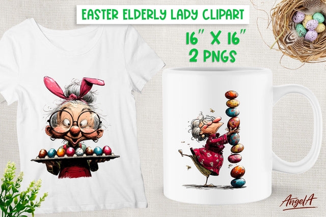 Elderly old lady holding Easter eggs clipart Bunny ears PNG Sublimation Angelina Semenova 