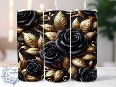 Elegant 3D Black Gold Roses Tumbler, Black Gold, Floral Wrap, Sublimation Art, 20oz Tumbler, Elegant Design, Bold Pattern Sublimation ToriDesigns 