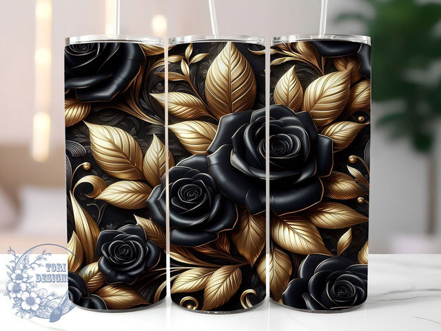 Elegant 3D Black Gold Roses Tumbler, Black Gold, Floral Wrap, Sublimation Art, 20oz Tumbler, Elegant Design, Bold Pattern Sublimation ToriDesigns 