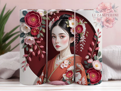 Elegant 3D Geisha Tumbler, Quilled Paper, Chinese Art, Sublimation Art, 20oz Tumbler, Elegant Wrap, Cultural Design Sublimation Li Zamperini 