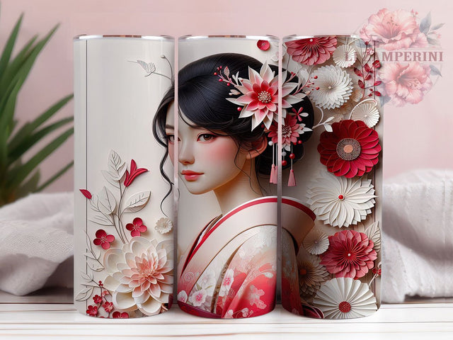 Elegant 3D Geisha Tumbler, Quilled Paper, Chinese Art, Sublimation Art, 20oz Tumbler, Elegant Wrap, Cultural Design Sublimation Li Zamperini 