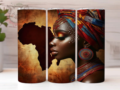 Elegant Afrocentric Woman Tumbler, Canvas Artistic Theme, Afrocentric Wrap, Vibrant Cultural Design, Seamless Tribal Motif, Empowered Feminine Print, Bold Modern Style, Inspirational Chic Glow, 20Oz Tum Sublimation Lara' s Designs 