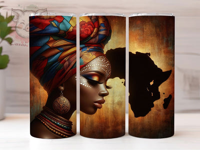 Elegant Afrocentric Woman Tumbler, Canvas Artistic Theme, Afrocentric Wrap, Vibrant Cultural Design, Seamless Tribal Motif, Empowered Feminine Print, Bold Modern Style, Inspirational Chic Glow, 20Oz Tum Sublimation Lara' s Designs 
